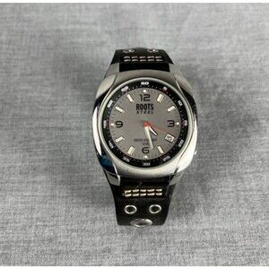Roots Canada Watch Men's 27mm Silver Tone Black Leather Cuff Band